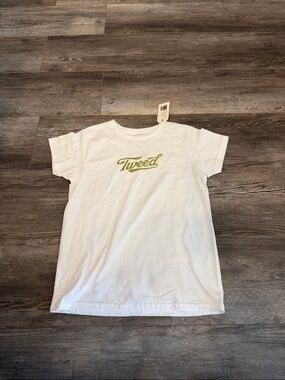 Tweeds White Tee with Olive Green Script Logo